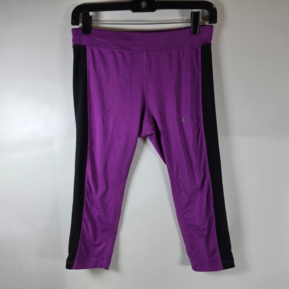 Nike Dri-FIT Womens Purple Black Cropped Running Leggings Zipper Pocket Size S
